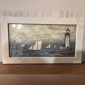 Framed Nautical Lighthouse and Sailboats Art